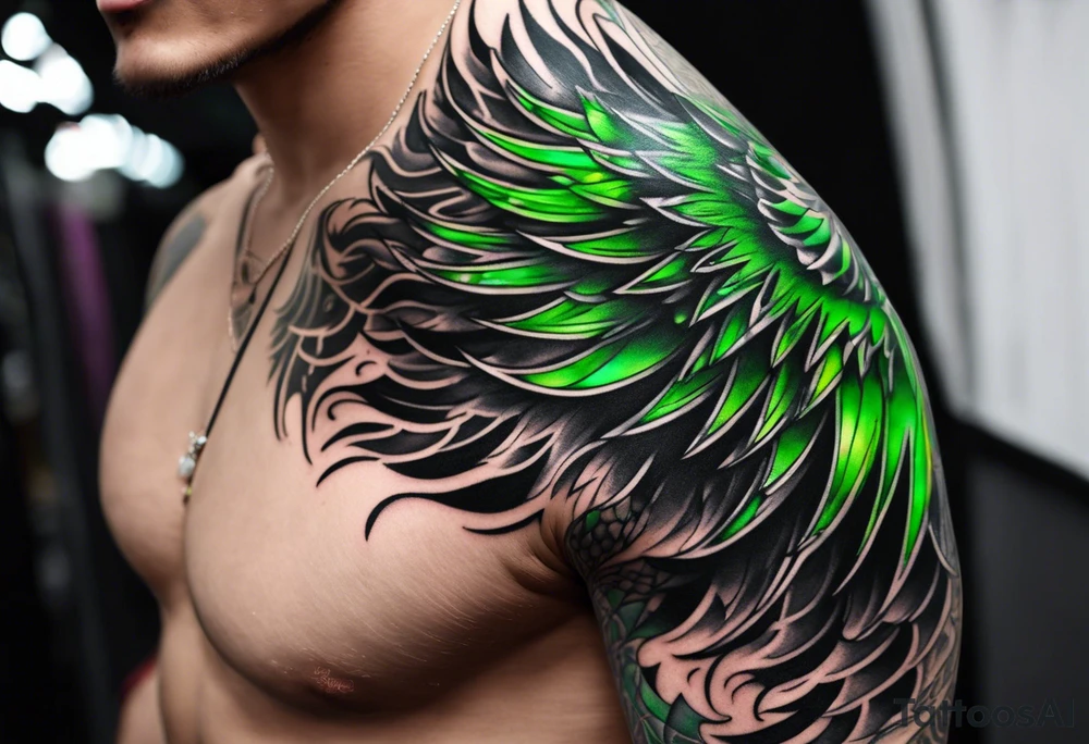 Forearm wing tattoo with streaks of neon green lightning going through/around it tattoo idea