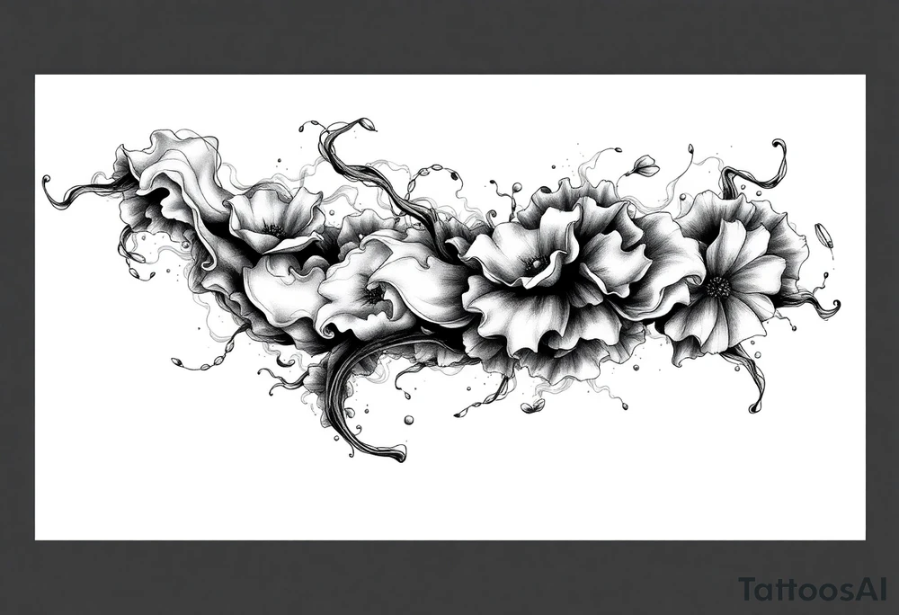 Tattoo sleeve filler using smoke, ash, and fragmented memory effects, organic flow wrapping around arm muscles, soft gradients, negative space, black and grey realism, seamless transitions between main tattoo elements. tattoo idea