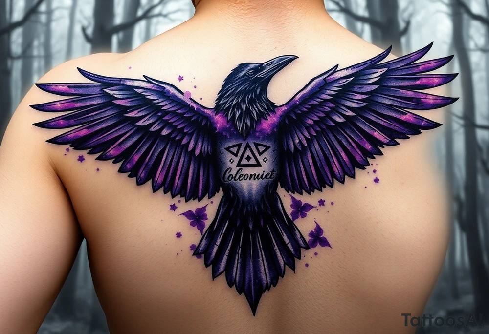 A arm sleeve for ladies with a raven with open wings up, in a misty forest, purple shade watercolours coming from the wings, ethereal and vivid, Celtic/Viking symbols or marks with cursive romantic words tattoo idea