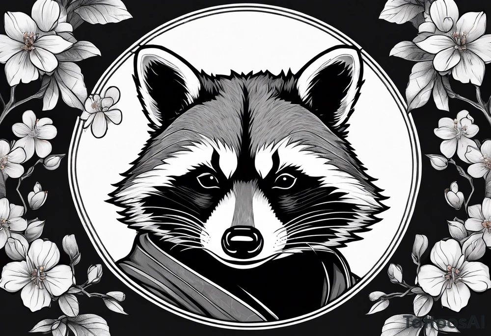 Raccoon wearing a white Superman logo on a black hoodie and orange Japanese cherry blossoms tattoo idea