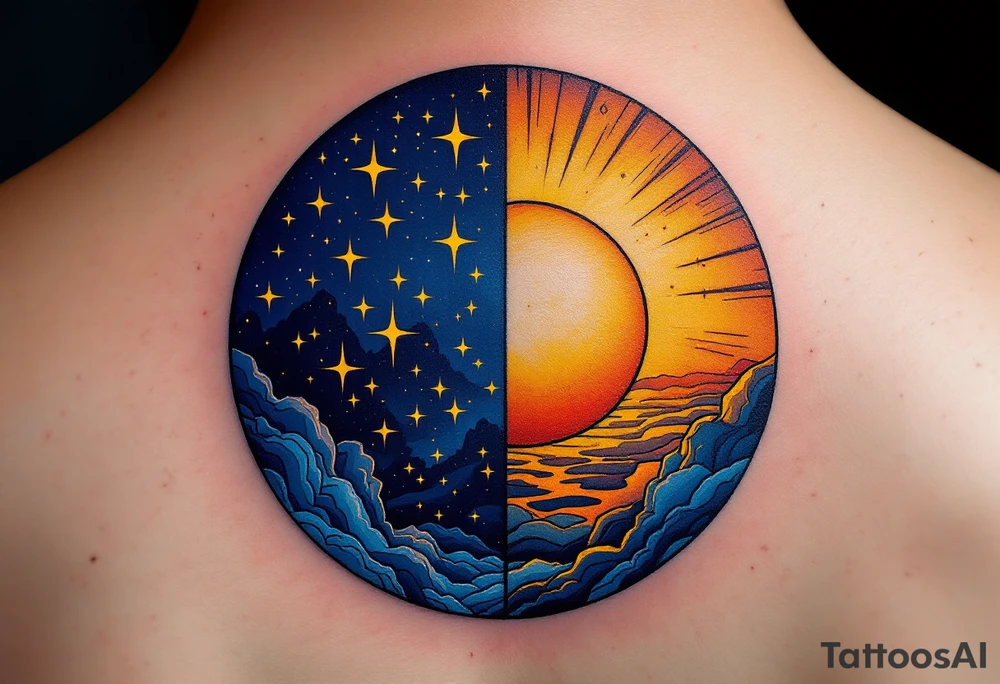 A circle divided into half night (deep navy and stars) and half day (golden sunrise hues). tattoo idea