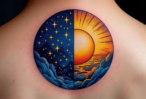 A circle divided into half night (deep navy and stars) and half day (golden sunrise hues). tattoo idea