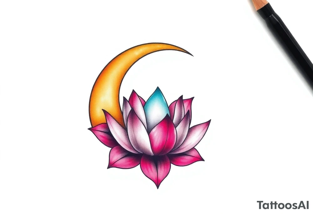 small colorful crescent moon with lotus flower tattoo idea