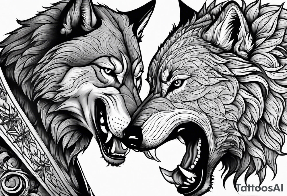 Man and wolf fighting tattoo idea