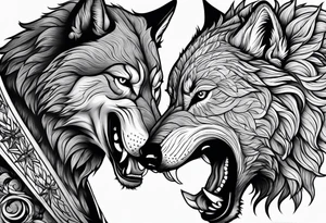 Man and wolf fighting tattoo idea