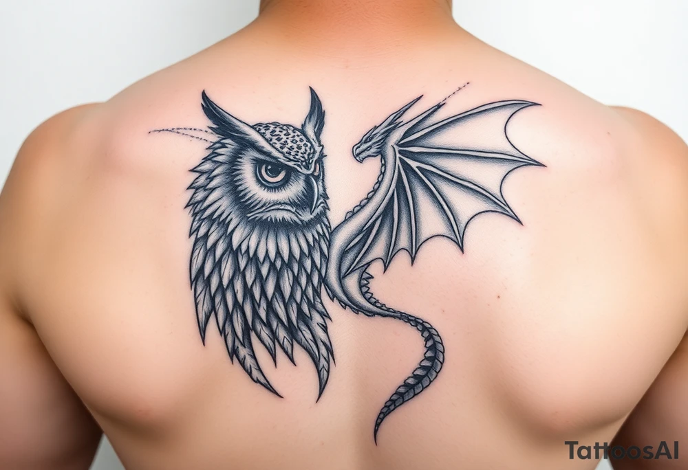 Majestic owl facing a beautiful dragon tattoo idea