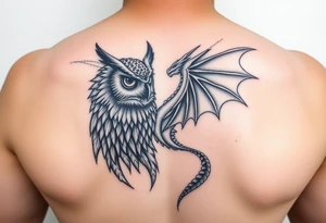 Majestic owl facing a beautiful dragon tattoo idea