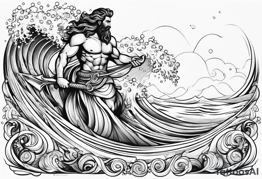 Poseidon with waves and fish tattoo idea