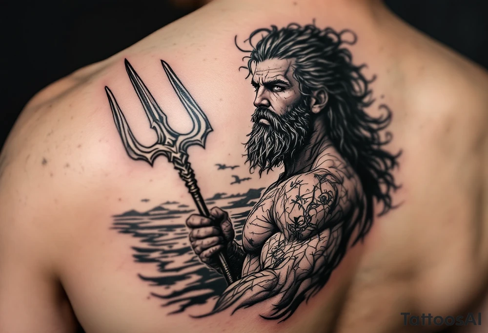 fit poseidon, with trident, looking at the horizon tattoo idea