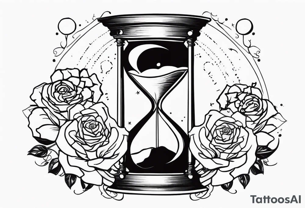 I want a design to print on t-shirts. The design is an hourglass with a wristwatch in the middle with Amazigh numbers, and this watch is surrounded by planets and Ashulk roses. tattoo idea