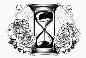 I want a design to print on t-shirts. The design is an hourglass with a wristwatch in the middle with Amazigh numbers, and this watch is surrounded by planets and Ashulk roses. tattoo idea