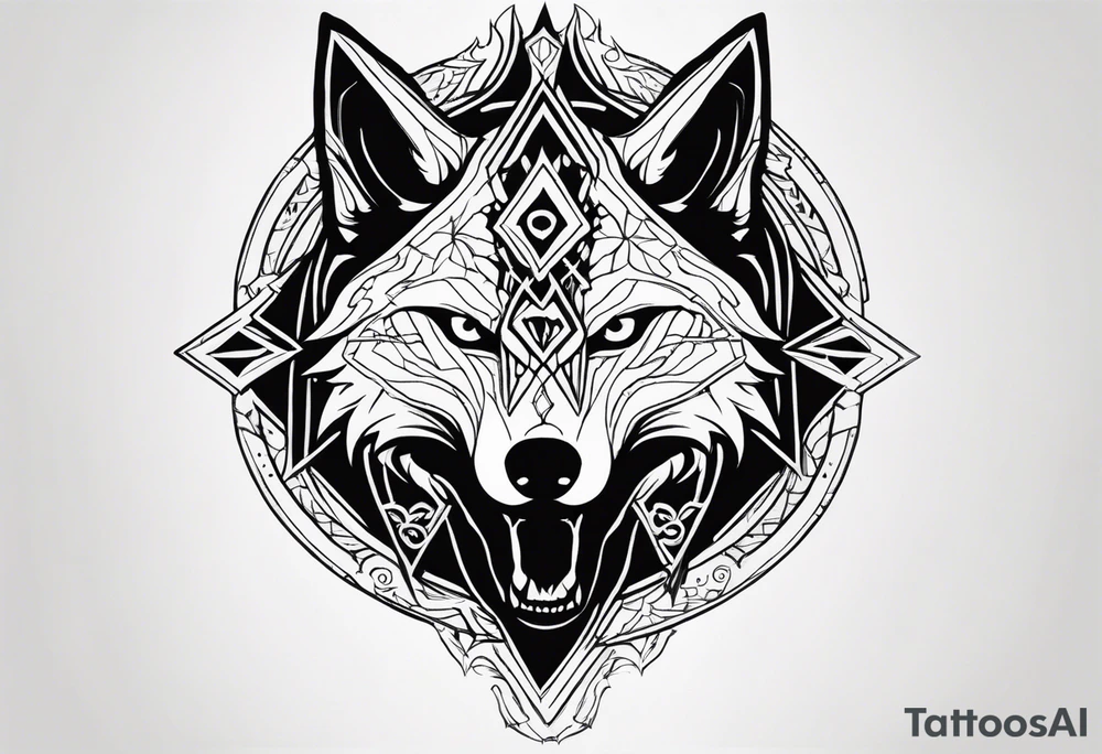 a wolf revealing its skull inspired by elden ring in neo tribal and sigil style tattoo idea