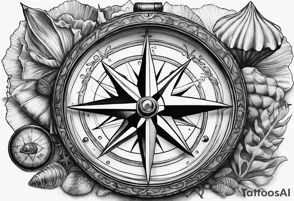 Compass, shells, shark teeth, starfish tattoo idea