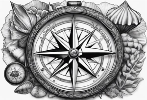 Compass, shells, shark teeth, starfish tattoo idea