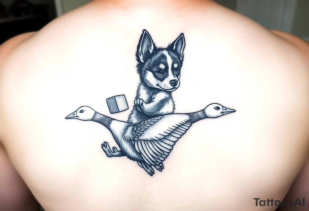 blue heeler puppy like muffin from Bluey holding a brick in one hand while riding a Canadian goose who is flying. tattoo idea