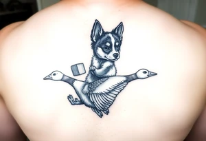 blue heeler puppy like muffin from Bluey holding a brick in one hand while riding a Canadian goose who is flying. tattoo idea