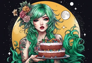 fairy with green hair, eating cake under the moon, tripping balls tattoo idea
