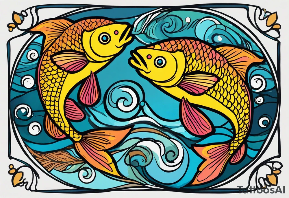 Beautiful coy pisces fish swimming in opposite directions but weighed on the scale of a Libra scale that's balanced out and made of tittered wood fish one pieces fish one on each scale where as the pieces is balancing out the scale of libra tattoo idea