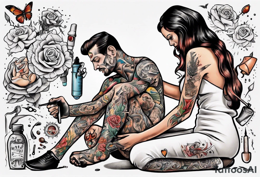 man getting tattooed by a woman tattoo idea