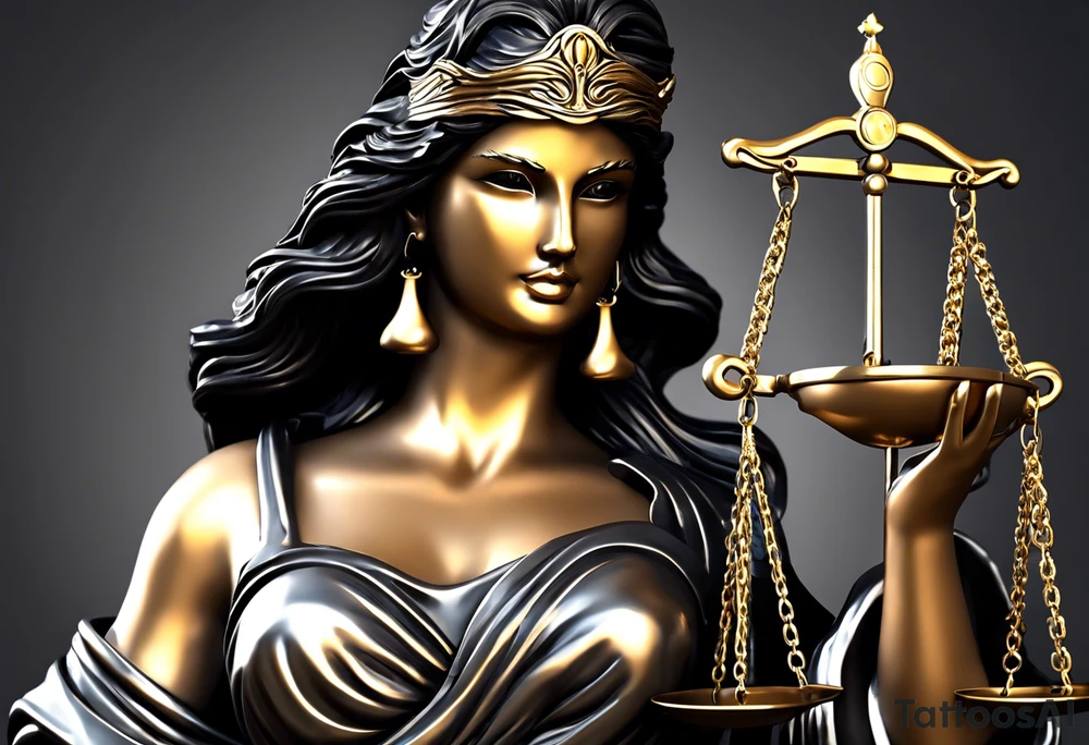 Lady Justice, 
Blindfold: Symbolizes impartiality, indicating that justice should be administered without bias, regardless of identity, wealth, power, or status.
Scales: Represent the weighing of evidence and arguments, ensuring a balanced and fair verdict.
Sword: Signifies the enforcement of justice and the authority to make decisions that can have powerful consequences.
In this depiction, Lady Justice is shown with black hair, which is a unique artistic choice compared to the more traditional representations. The scales, blindfold, and sword are all present, adhering to the classic iconography but with a modern and colorful twist. blue roses frames, background blue,present it in a tattoo tattoo idea