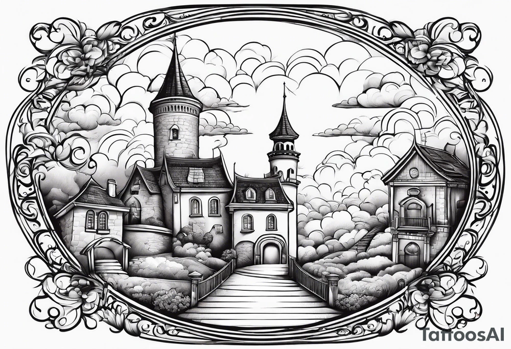 heaven summer town with tower houses gate entrance 
 in circle clouds  vignette tattoo idea