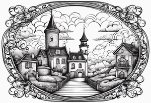 heaven summer town with tower houses gate entrance 
 in circle clouds  vignette tattoo idea