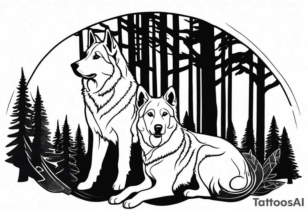 two norwegian elkhounds guarding a dark forest tattoo idea two norwegian elkhounds guarding a dark forest tattoo idea