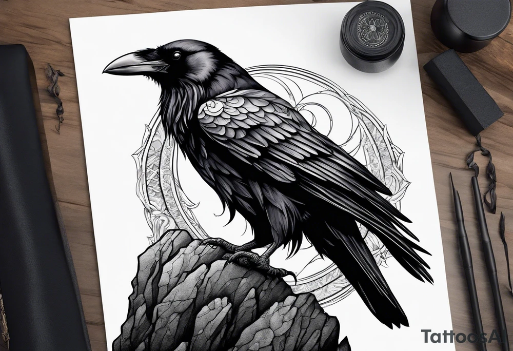 raven perched on rock tattoo idea