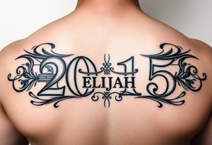 a powerful majestic set of ROMAN NUMERALS equalling the year 2015, with an elegant name of ELIJAH placed within the center of the roman numerals tattoo idea