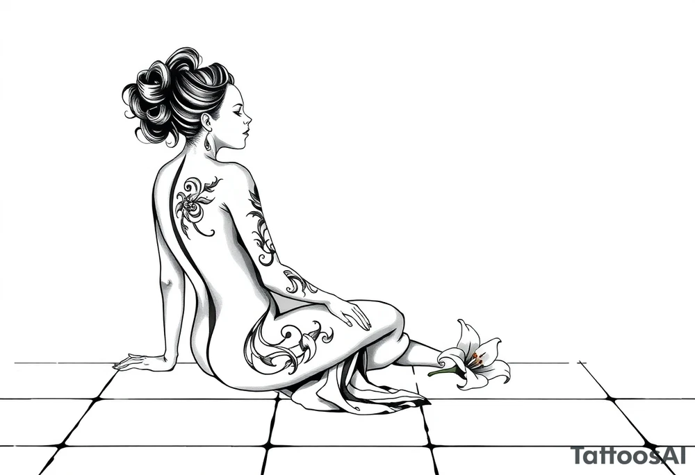 A simple tile floor with a minimalist, almost abstract curled figure sitting on the floor with a lily next to her tattoo idea