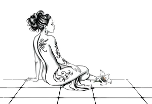 A simple tile floor with a minimalist, almost abstract curled figure sitting on the floor with a lily next to her tattoo idea