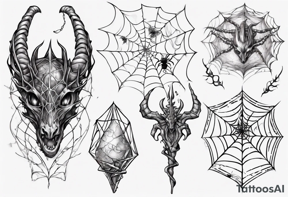 Dragon scales tangled spiderweb unicorn horn shattered chalices spider tattoo idea