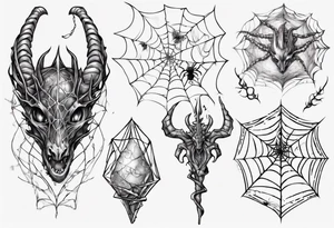Dragon scales tangled spiderweb unicorn horn shattered chalices spider tattoo idea
