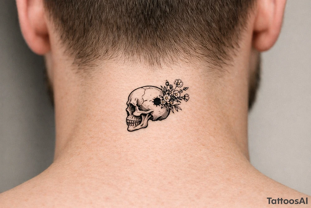 A human skull, side profile, bullet hole with wildflowers spilling from the back. tattoo idea