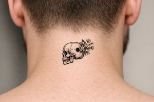 A human skull, side profile, bullet hole with wildflowers spilling from the back. tattoo idea