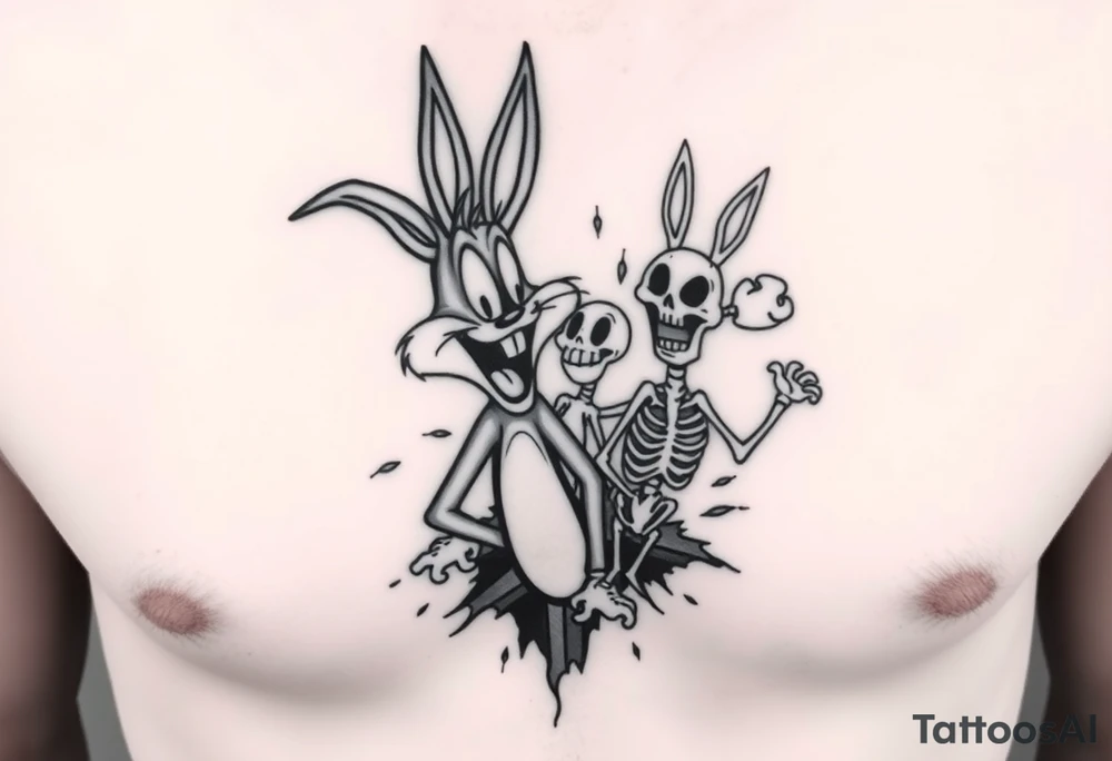 i want the looney toons breaking out of right rib cage and as their body parts exit they turn to skeletons (representing my four kids 3 boys 1 girl) taz, bugz, tweety, lola tattoo idea