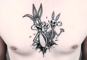 i want the looney toons breaking out of right rib cage and as their body parts exit they turn to skeletons (representing my four kids 3 boys 1 girl) taz, bugz, tweety, lola tattoo idea