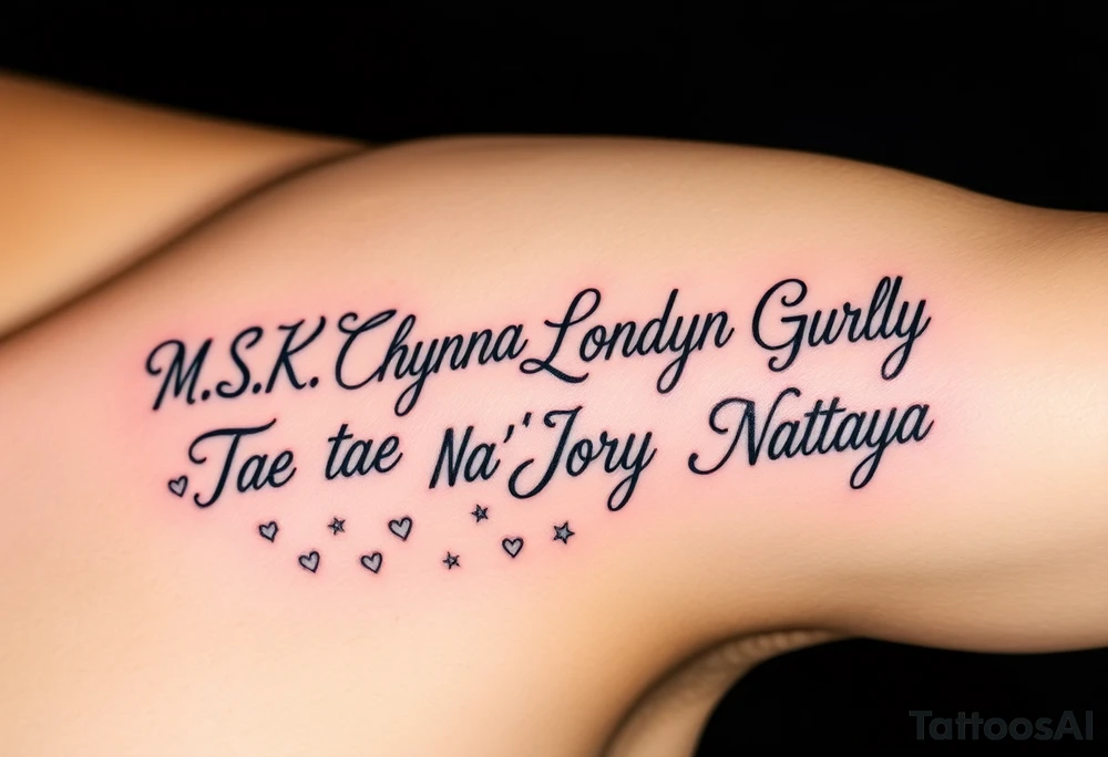 Cursive words that say, 

M.S.K

Chyna

Londyn

Gurly 

Tae tae 

Na’Jorya 

Na’taya
 surrounded by little hearts & stars tattoo idea