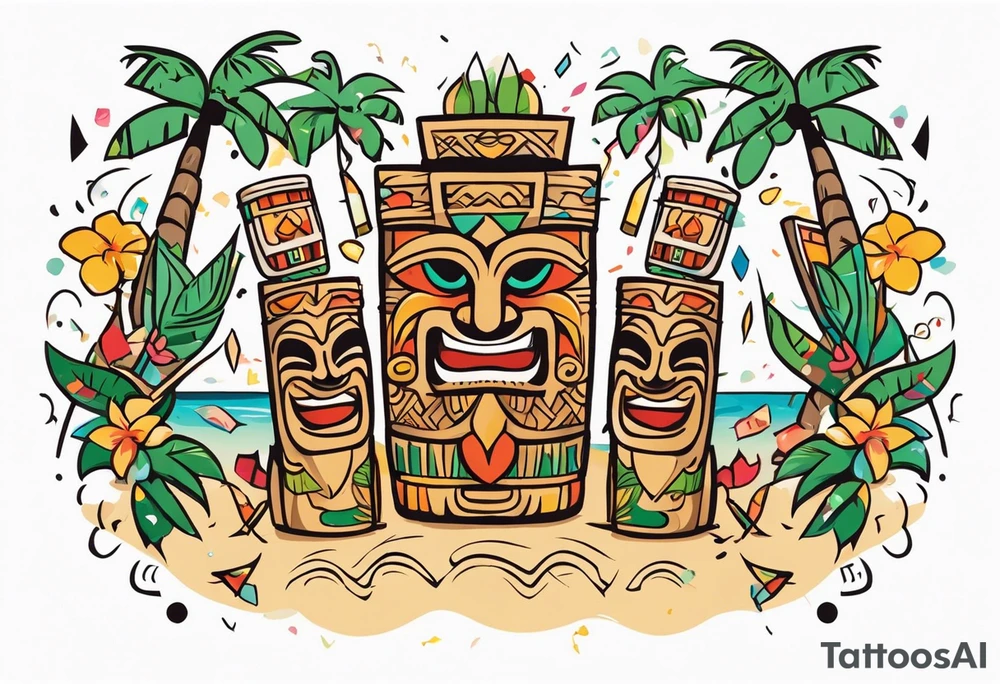 hulu tiki party with dancing tiki guys and sexy tiki girls on a beach with music notes and confetti around a blank space in the middle tattoo idea