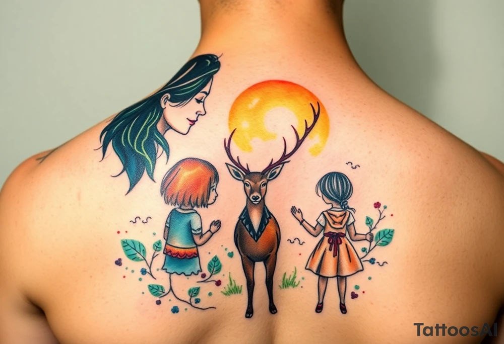 Family 2 parents, 1 baby boy, one young girls with colour around the caracters and empty caracters and sunrise looking at a deer tattoo idea