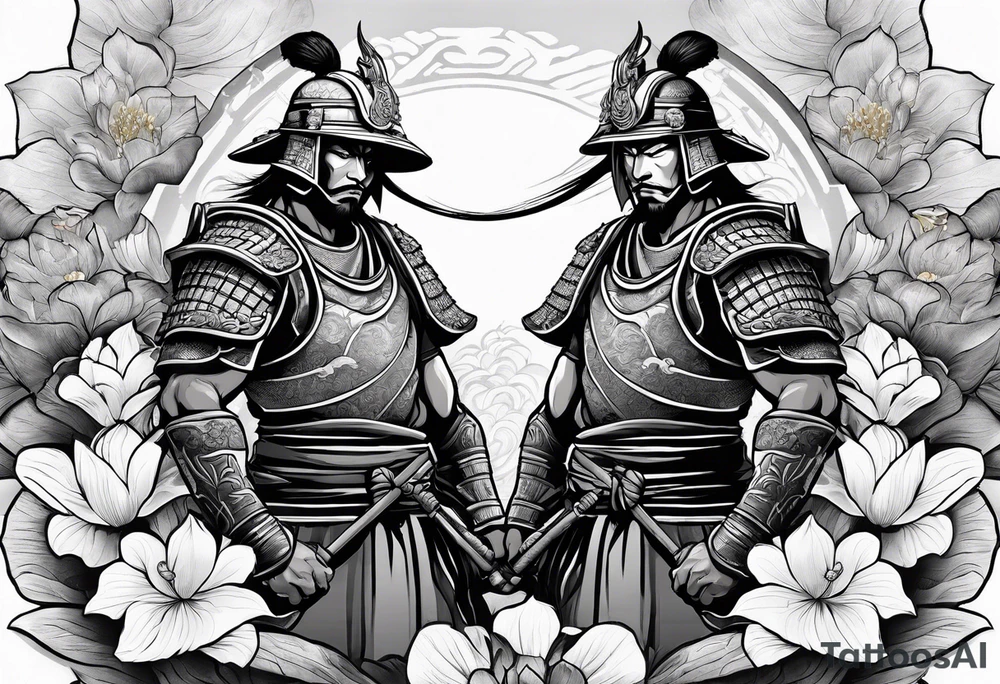 Samurai warrior and spartan warrior facing off, include lotus flowers in the background, both warriors should appear aggressive looking ready for battle tattoo idea