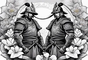 Samurai warrior and spartan warrior facing off, include lotus flowers in the background, both warriors should appear aggressive looking ready for battle tattoo idea