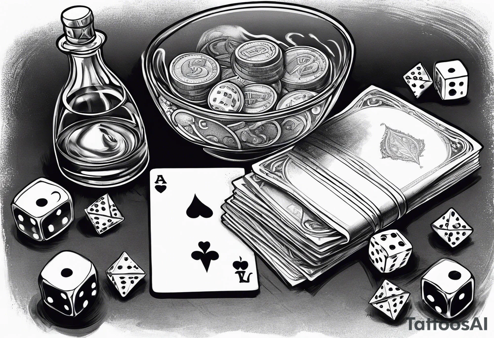cards, money, dice, and whiskey on ice, tattoo idea