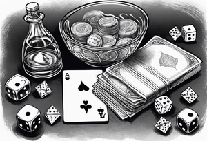 cards, money, dice, and whiskey on ice, tattoo idea