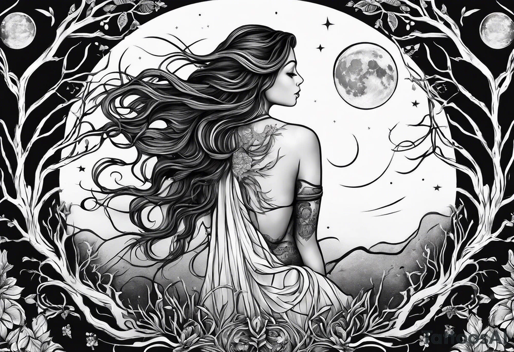 virgo sign made out of tree roots and woman in moon tattoo idea