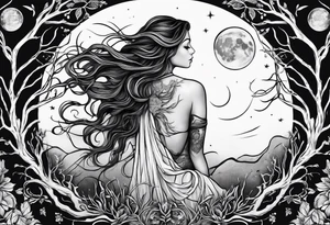 virgo sign made out of tree roots and woman in moon tattoo idea