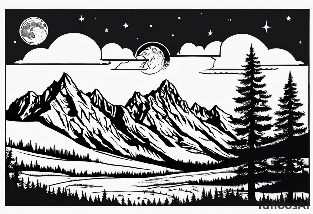 Half sleeve of Teton mountain range, moon In the sky and a few for trees tattoo idea