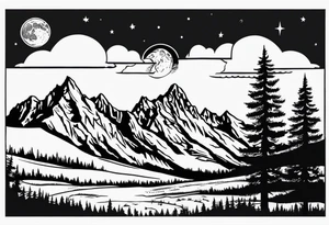 Half sleeve of Teton mountain range, moon In the sky and a few for trees tattoo idea