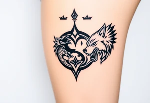 Ying yang symbol with one side a dragon and one side a wolf tattoo idea