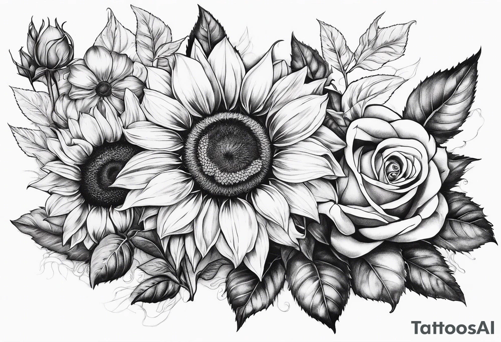 Sunflower and rose flower tattoo idea